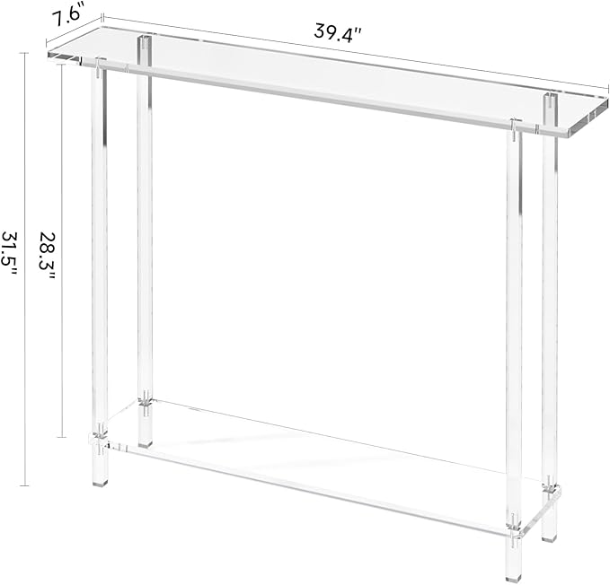 Sleek Modern 2-Tier Acrylic Console Table, 39.4" L x 7.6" W x 31.5" H - Entryway Table for Hallway, Living Room, Sofa Side, Small Spaces (Clear)