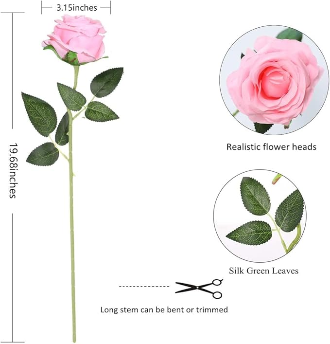 Pink Fake Roses Artificial Flowers - 10 Pcs Fake Artificial Roses Silk Flowers with Stems for Home Wedding Hotel Office Centerpiece Decor