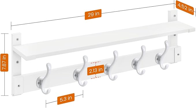Homode Coat Rack With Wall Shelf, 29" Wooden Entryway Floating Shelf With Hooks Underneath, Hanging Coat Hanger for Bathroom, Living Room, Bedroom, Hallway, White