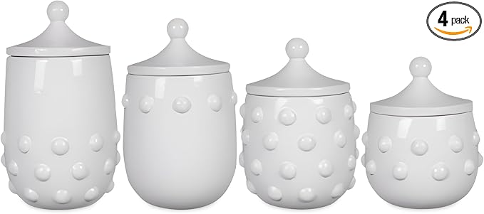 Young's Inc. 4 Pcs Set Modern-Cool Accent Ceramic Canisters- Storage Container for Kitchen and Bathroom - Beautiful Home Decor Accent to Store Food, Coffee, Tea, and More - White