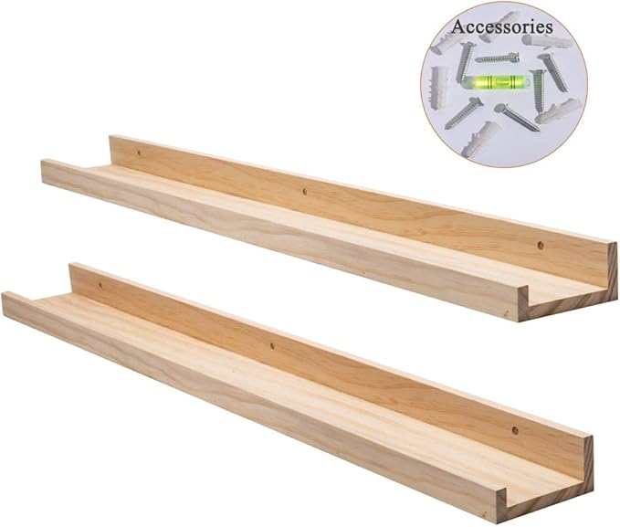 AZSKY Floating Shelves Wall Mounted Set of 2 Natural Wood Picture Shelves Wall Shelves for Bedroom Bathroom Living Room Kitchen Laundry Room Storage & Decoration 24 Inch
