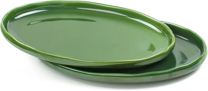 vicrays Ceramic Serving Platter Tray - Extra Large Oval 14.5 Inch Porcelain Dinner Plates Long Serving Dish Set - for Party Restaurant Food Meat Sushi Fish Turkey Platter - Green