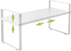 Expandable Cabinet Shelf Organizer Rack, Stackable Kitchen Counter Storage Shelves Stand, Adjustable Height Pantry Shelf Spice Rack (White, 1 Pack)