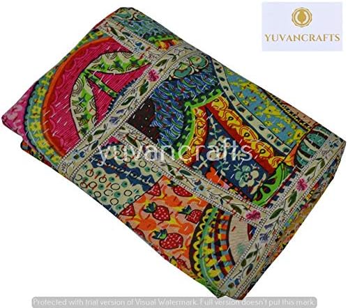 YUVANCRAFTS Patchwork Cotton Kantha Quilt - Indian Traditional Handmade Bedding Vintage Multi Color Quilt Blanket (Twin (60"x90"), Multi Patch 1)