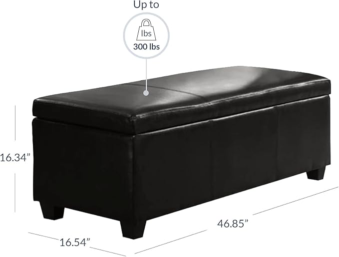BELLEZE 47 Inch Storage Ottoman, Faux Leather Storage Bench Bedroom Bench with Safety Close Hinge, Ottoman with Storage for Living Room, Entryway, Hallway, Foot Rest, Support 300lbs - Black