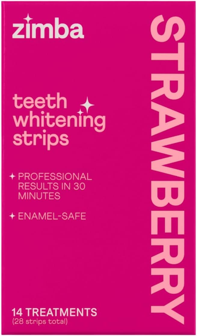 Zimba Strawberry Flavored Teeth Whitening Strips | Vegan, Enamel Safe Hydrogen Peroxide Teeth Whitener for Coffee, Wine, Tobacco, and Other Stains | 14 Day Treatment | Strawberry