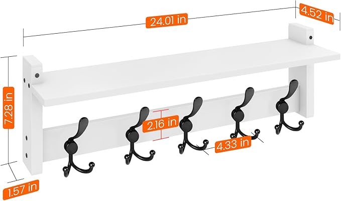 Homode Wall Shelf with Hooks, 24 Inch Coat Rack with Tri Hooks, Farmhouse Entryway Floating Coat Hanger with Storage for Bathroom, Entry Way, Mudroom, White