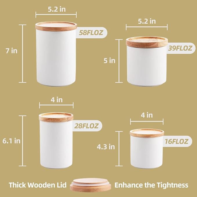 Sweejar Kitchen Canisters Ceramic Food Storage Jar Set, Stackable Containers with Airtight Seal Wooden Lid for Serving Ground Coffee, Tea, Herbs, Grains, Sugar, Salt - Set of 4(Gray)
