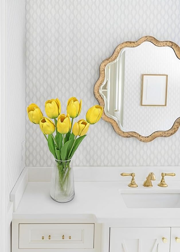 Artificial Tulips Flowers – 24" Long Stem Faux Tulips, 7PCS Real Touch Fake Yellow Tulip for Vase, Farmhouse, Kitchen, Spring & Wedding Home Decor