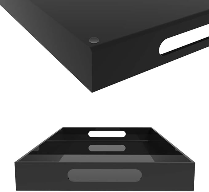 Black Acrylic Serving Tray for Vanity, Bathroom, Ottoman, Organizer and Decor with Handles (Rectangle, Large)