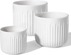 LE TAUCI Fluted Ceramic Planters Set of 3 – 8.3/7 / 5.7 in White Cylinder Indoor Plant Pots with Drainage Plug & Mesh, Matte Glazed Stoneware Flower Pots for Succulent Herb Cactus