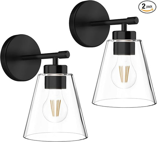 Hamilyeah Black Bathroom Sconces Wall Lighting, Farmhouse Wall Sconces Set of 2, Industrial Black Sconces with Clear Glass Shade for Living Room, Kitchen, Hallway