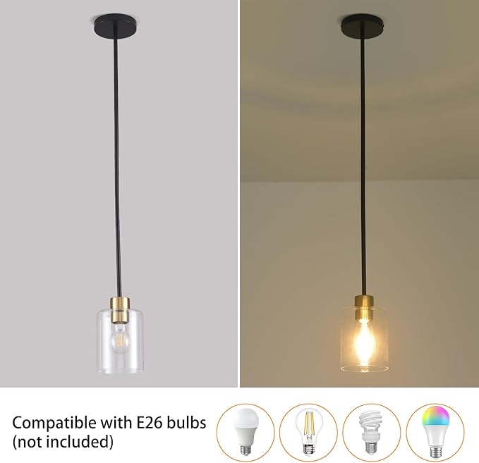Black Brass Pendant Lights Kitchen Island - Clear Glass Pendant Light Fixture Multiple Stems Rods 3 Units 12 Inch 3 Units 4 Inch (3 Pack Black Brass Downrod)