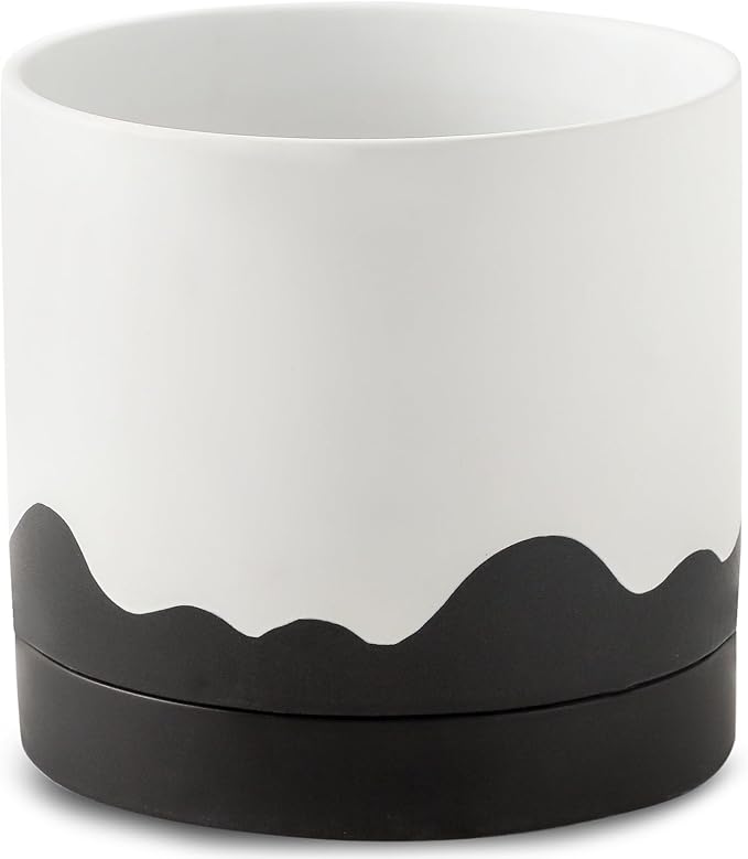 Nihow Ceramic Plant Pot: 8 Inch Planter with Drainage Hole & Saucer for Indoor & Outdoor Plants - Cylinder Round Flower Pot for Succulent/Herbs/Violets - White & Wave Black