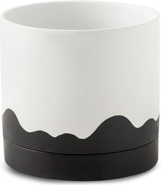 Nihow Ceramic Plant Pot: 8 Inch Planter with Drainage Hole & Saucer for Indoor & Outdoor Plants - Cylinder Round Flower Pot for Succulent/Herbs/Violets - White & Wave Black
