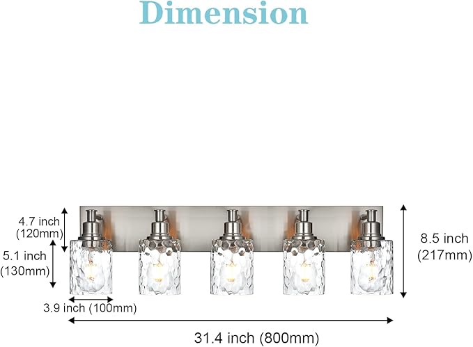 BONLICHT 5 Lights Sconces Wall Lighting Brushed Nickel with Hammered Glass Shade, Industrial Bathroom Light Fixtures Vanity Lights Porch Light Fixtures Classic Metal Wall Mount Lamp Over Mirror