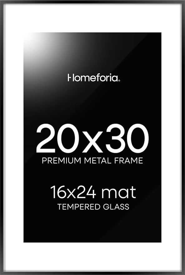 Homeforia 20x30 Poster Frame Black, High End Metal 20 x 30 Picture Frames with Mat 16 by 24 inch Photo, 30x20 Large Frame for Wall, 20x30 Thin Frame Matted to 16x24, Tempered Glass, Wall Kit, Set of 1