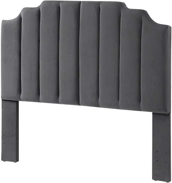 24KF Dark Gray Velvet Tufted Queen Upholstered Headboard, Modern Vertical Channel Design California Queen/Full Headboard with Stepped Silhouette Top Edge,Dark Gray