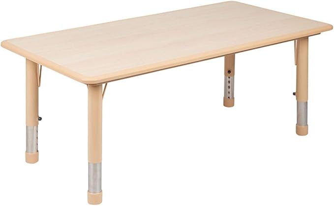 Flash Furniture Emmy Adjustable Classroom Activity Table with 6 Stackable Chairs, Plastic Activity Table for Kids, 23.625" W x 47.25" L, Natural