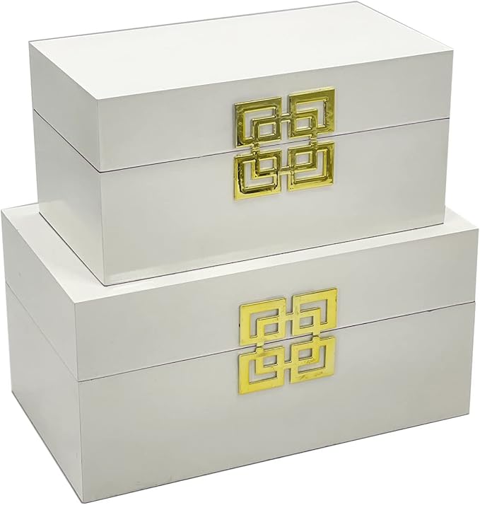Galt International Large & Small Decorative Storage Box w/Hinged Lid - Classic Design Wood Decor Boxes with Geometric Opening Clasp - Home & Office Storage - Set of 2 (White + Gold)