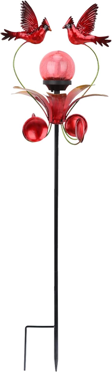 VCUTEKA Cardinal Solar Lights Outdoor Metal Garden Stake Waterproof Crackle Glass Globe Garden Decor Cardinal for Pathway, Lawn, Patio, Yard