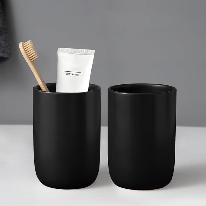 Matte Black Toothbrush Holders for Bathrooms - 2 Cups Ceramic Toothbrush Toothpaste Holders Set, Black Bathroom Tumbler Cups Reusable Toothbrush Cup Black Mouthwash Cup, Bathroom Counter Organizer