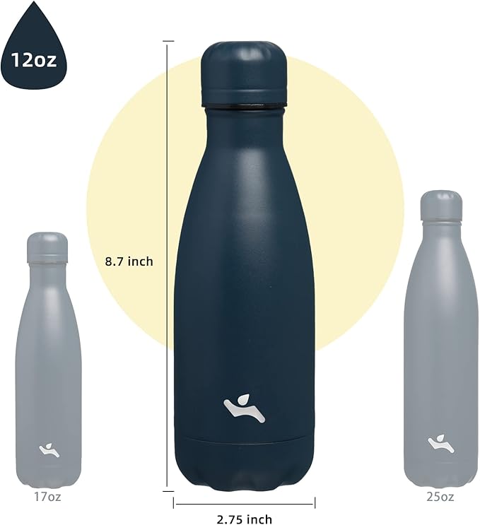 Insulated Water Bottles,12 oz Double Wall Stainless Steel Vacumm Metal Flask for Sports Travel, Navy Blue