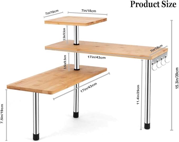 HYNAWIN Corner Shelf, 3 Tier Bamboo & Metal Storage Spice Rack-Desk, Space Saving Bookshelf with Hooks, Adjustable Display Shelf for Creative Home Décor Kitchen, Bedroom, Office (21CO)