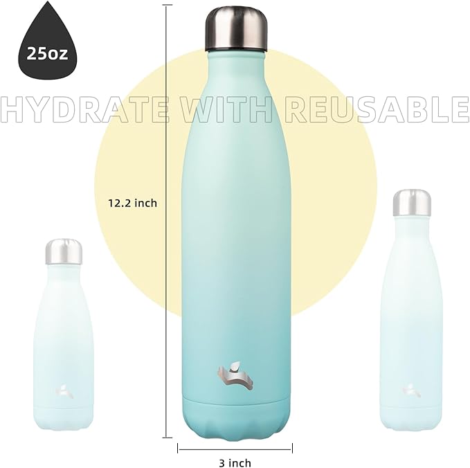 Insulated Water Bottles,25 oz Double Wall Stainless Steel Vacumm Metal Flask for Sports Travel,Mint