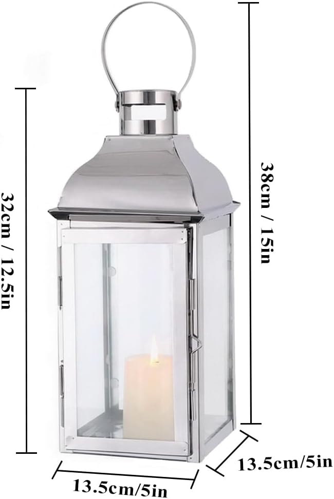 JHY DESIGN Silver Decorative Lanterns 12.5''High Stainless Steel Candle Lanterns with Tempered Glass for Indoor Outdoor Events Parities and Weddings Vintage Style Hanging Lamps