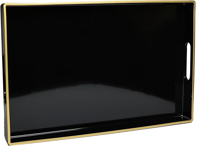 Spsyrine Black Decorative Serving Tray with Handles, Elegant Plastic Coffee Table Tray for Ottoman, Living Room, Home Decor 15.6" X 10.2"