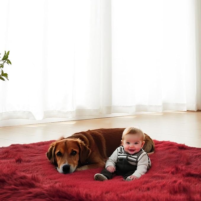AMTOVO Faux Fur Sheepskin Rug for Living Room, 4 x 6 ft Burgundy Fluffy Area Rug for Bedroom, Playroom, Luxury Room Decor, Rectangle