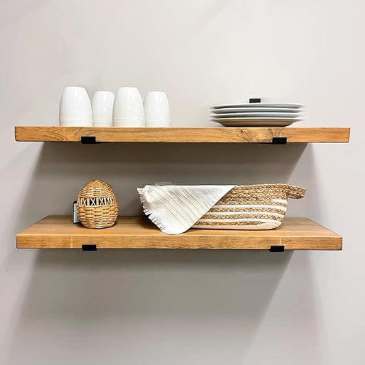 Rustic Shelves with J-Brackets Set of 2, Industrial Shelf, Kitchen Shelves, Solid Wood, Decorative Wall Storage, Heavy Duty, URBANDI (Brown, 12Wx12D)