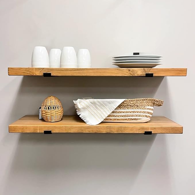 Rustic Shelves with J-Brackets Set of 2, Industrial Shelf, Kitchen Shelves, Solid Wood, Decorative Wall Storage, Heavy Duty, URBANDI (Brown, 48Wx8D)
