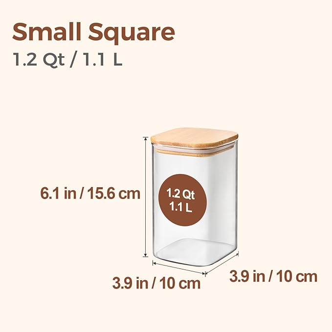 ComSaf 1.2 Qt Glass Storage Containers with Lids, Glass Jars with Lids, Clear Food Storage Jar, Square Canister Set of 9, Pantry Organizers and Storage for Cookie Flour Oat Pasta Tea Coffee Bean