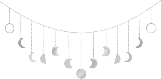 Mkono Moon Phase Wall Hanging Boho Aesthetic Room Decor Metal Moons Garland Hanging Art Bohemian Home Decoration for Girls Room Nursery Bedroom Livingroom Dorm, Ideal, Silver, 55"