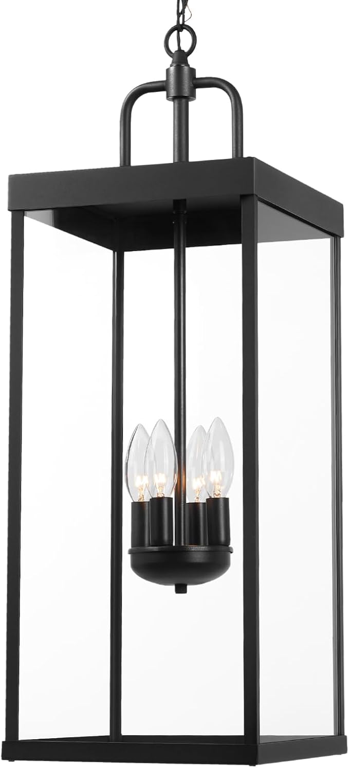 Large Outdoor Pendant Lantern Light Fixture for Front Porch, 28 Inch 4-Light Black Exterior Hanging Chandelier with Clear Glass, Outdoor Indoor Pendant Lamp for Patio, Gazebo, Entryway, Doorway