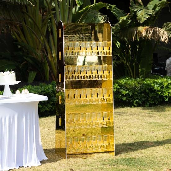 Tableclothsfactory Gold Mirror Finish 5-Tier Wine Glass Stemware Rack, 40 Champagne Flute Holder Foam Board Wall Stand - 5ft for Party & Decorations