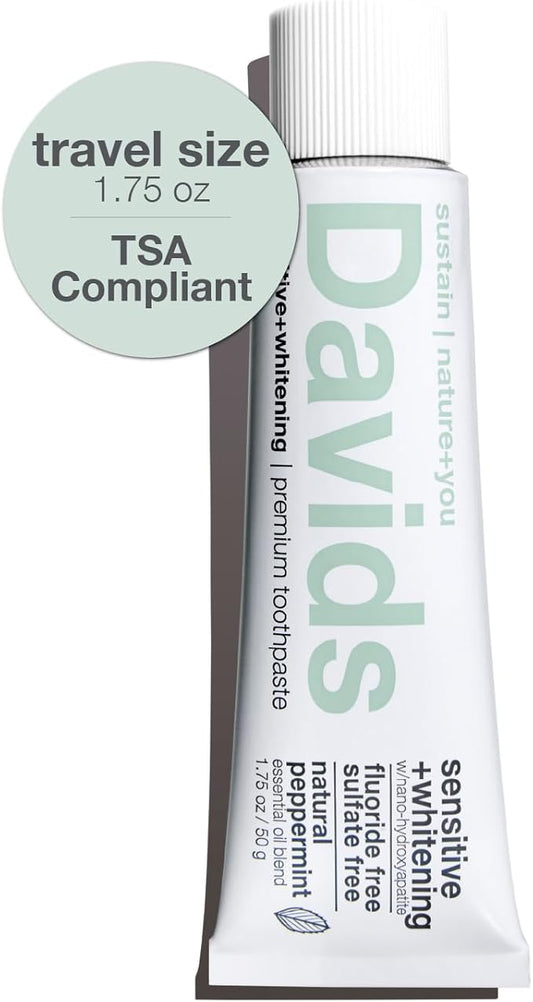 Davids Hydroxi Fluoride Free Nano Hydroxyapatite Toothpaste for Remineralizing Enamel & Sensitive Relief, Whitening, Antiplaque, SLS Free, Natural Peppermint, Made in USA, 1.75oz (Travel Size)