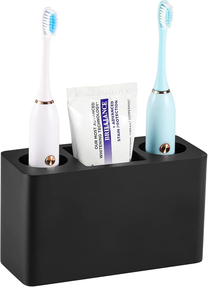 Luxspire Toothbrush Holder, 3 Slots Electric Toothbrush and Toothpaste Holder, Resin Bathroom Countertop Storage Bathroom Accessories Toothbrush Stand for Vanity Counter Organizer Caddy - Black