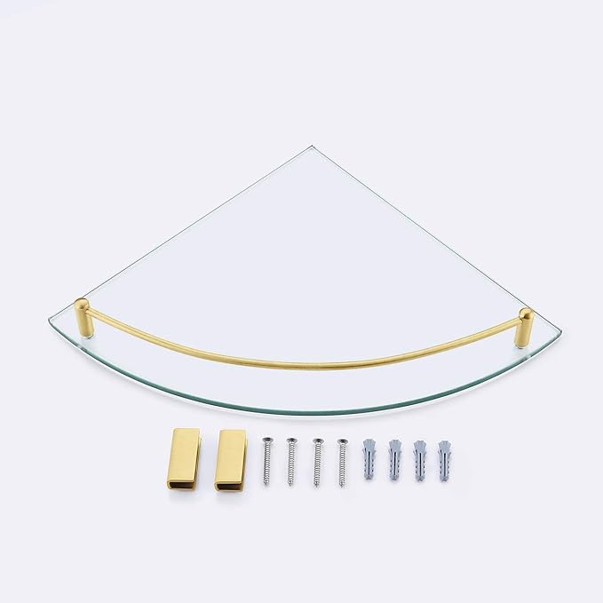 KES Glass Corner Shelf Bathroom Shelf Tempered Glass with Rail SUS 304 Stainless Steel Floating Wall Mount Bracket Brushed Gold, BGS2101A-BZ