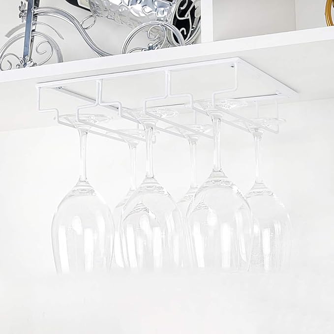 Wine Glass Rack - Under Cabinet Stemware Wine Glass Holder Glasses Storage Hanger 2 Pack Metal Organizer for Bar Kitchen White