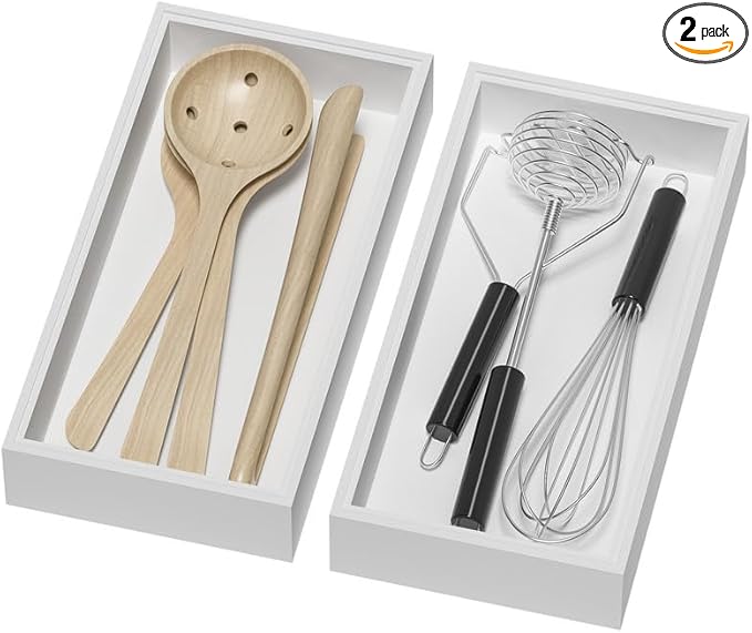 Bamboo Drawer Organizer, Cutlery Silverware Organizer for Kitchen Drawer, Stackable Utensil Organizer, 2 Pcs Flatware Organizer for Drawer, Wooden Storage Box Tray (White, 12 X 6 X 2 Inch)