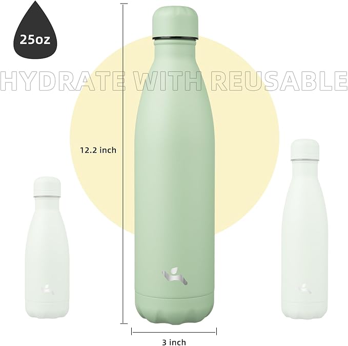 Insulated Water Bottles,25 oz Double Wall Stainless Steel Vacumm Metal Flask for Sports Travel,Macaron Green