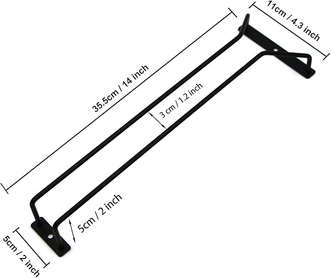 14-Inch Black Wine Glass Rack, Under Cabinet Wine Glass Holder Stainless Steel Stemware Rack - Hanging Stemware Holder for Cabinet Kitchen Bar, Set of 4