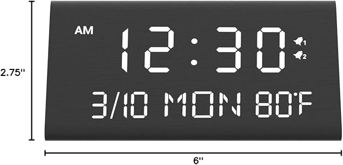 Kogonee Wooden Digital Alarm Clock, 0-100% Dimmer, 2 Alarm Settings, Weekday/Everyday Mode, 9 Mins Snooze, 12/24H, Temperature and Date Display for Office, Travel, Bedroom Alarm Clock (Black)