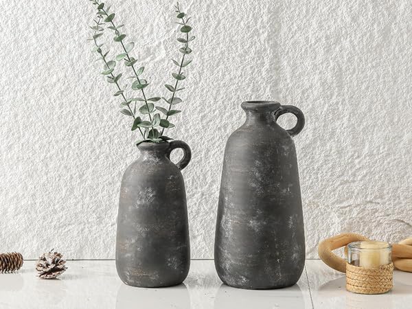 Ceramic Rustic Farmhouse Vase, 12.8" Large Rustic Black Pottery Vases Home Decor Decorative Boho Pampas Vase for Home Decor Table Living Room Decoration Shelf Mantel Enryway Kitchen