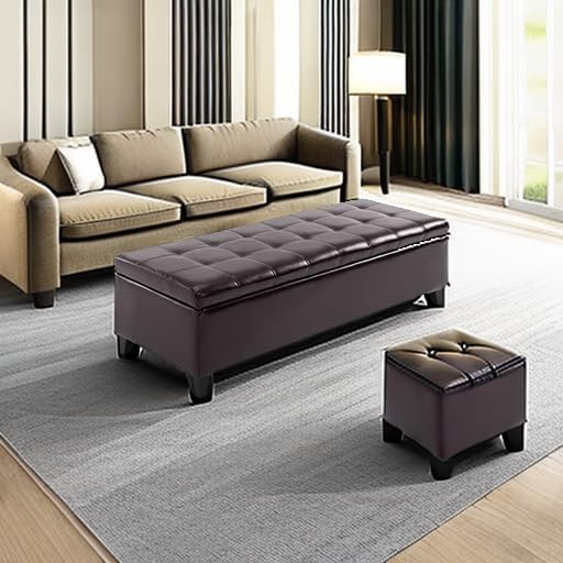 HOMCOM 51" Ottoman Storage Bench, Faux Leather Storage Chest with Lift Top, Tufted Ottoman for Living Room, Entryway, Dark Brown