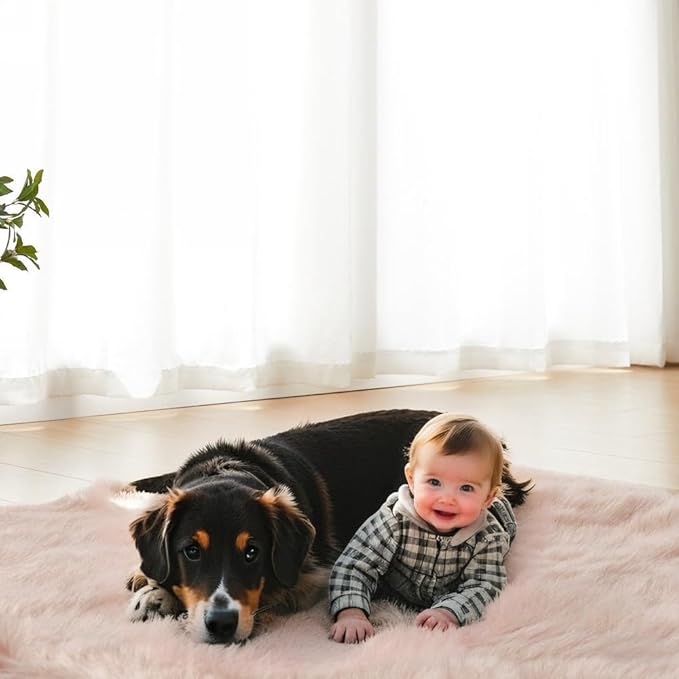AMTOVO Faux Fur Sheepskin Rug for Living Room, 4 x 6 ft Pink Fluffy Area Rug for Bedroom, Playroom, Luxury Room Decor, Rectangle