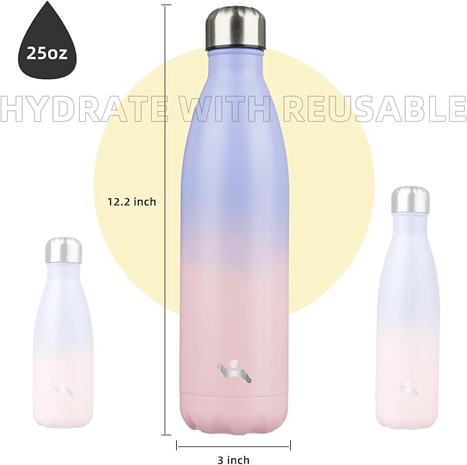 Insulated Water Bottles,25 oz Double Wall Stainless Steel Vacumm Metal Flask for Sports Travel,Pastel Sunset